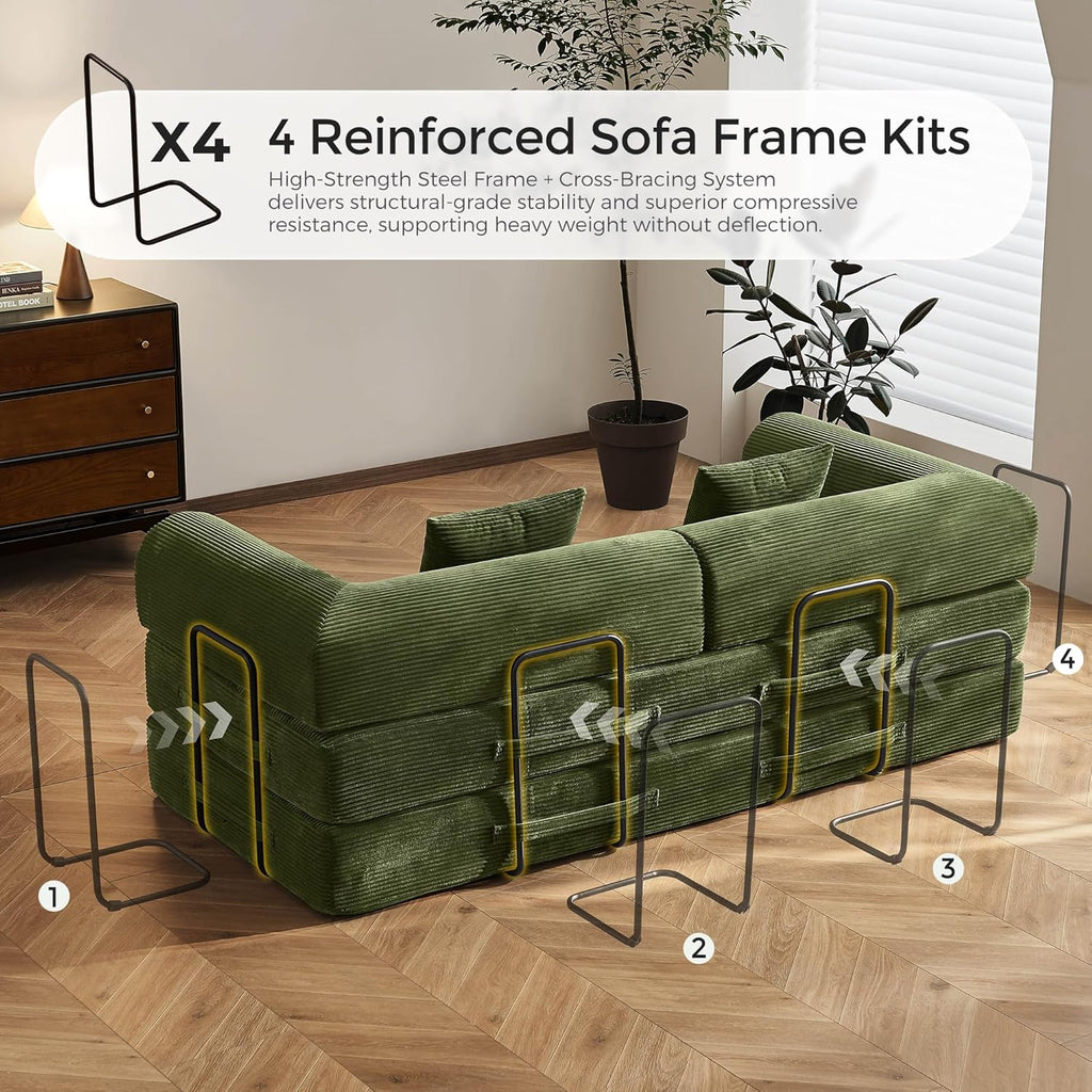 79" Convertible Sofa Bed with Fixed-Shape Frame & Removable Armrests, Modular Corduroy Sleeper Sofa, Folding Mattress Couch for Small Spaces - No Assembly Needed in Green (Includes 2 Pillows)