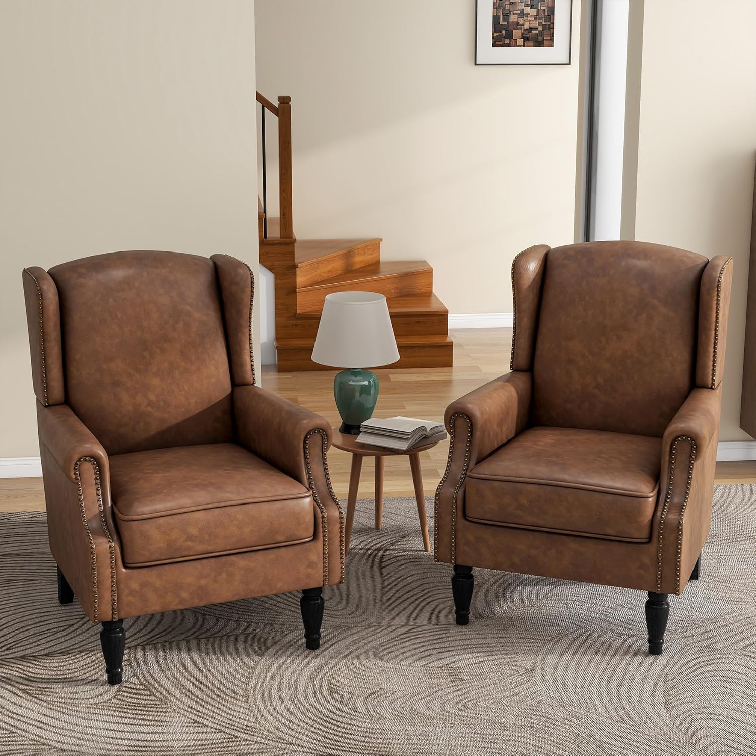 High Back Accent Chairs Set of 2, Faux Leather Wingback Armchair | Modern Upholstered Reading Seat with Removable Cushion | Comfy Nailhead Trim Single Sofa for Living Room, Bedroom - Brown