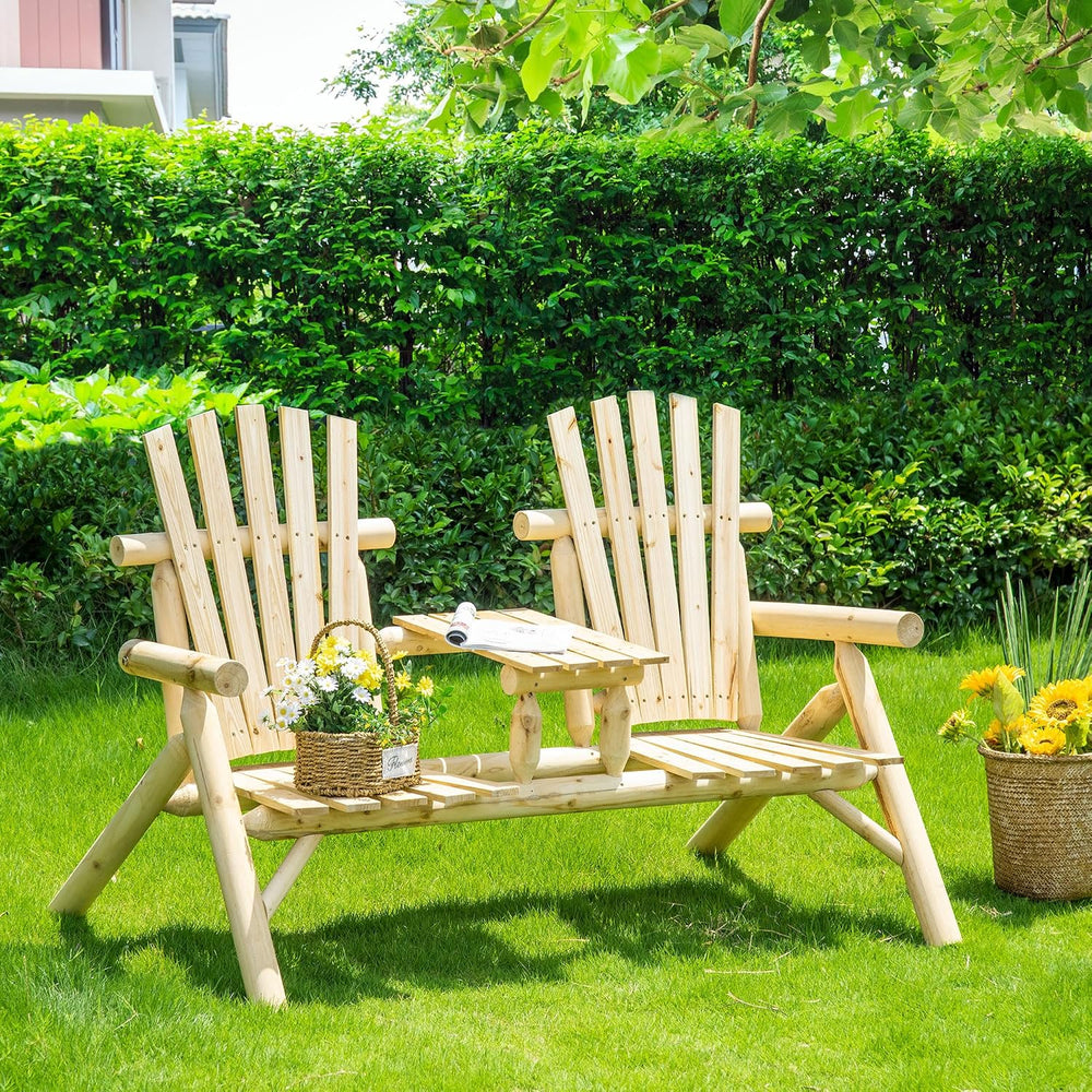 Adirondack Loveseat Chair, 2-Seat Wooden Patio Bench with Built-in Table, Out...