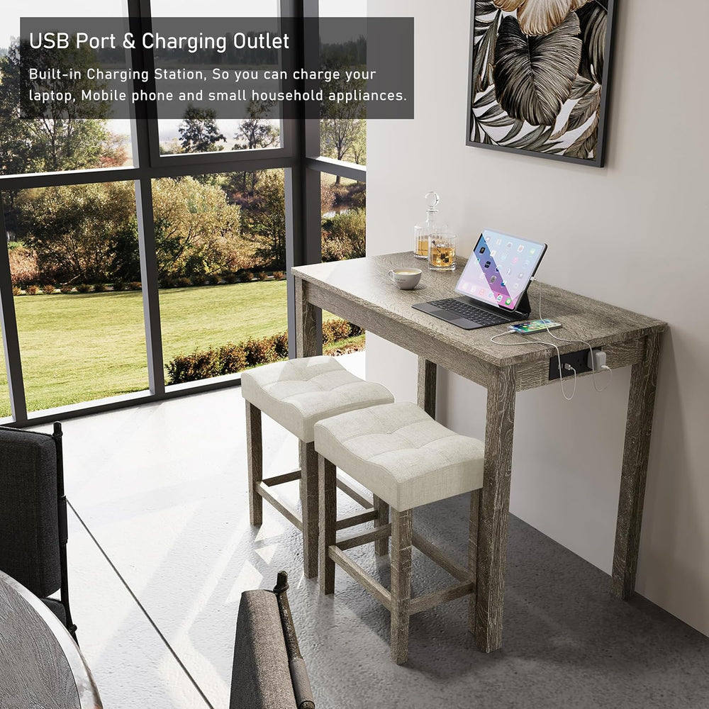 allamazing 3-Piece Counter Height Bar Table Set with Socket and 2 Fabric Padd...