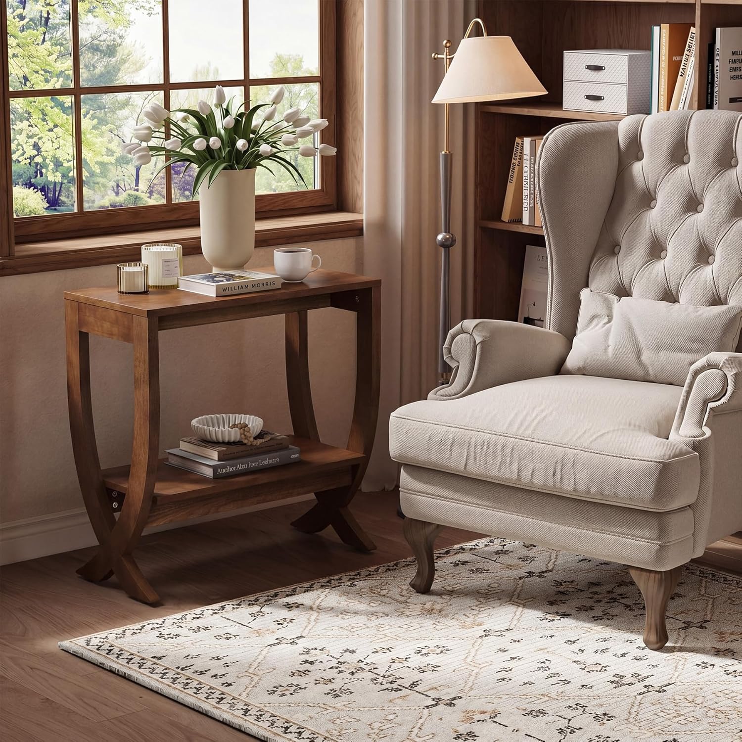 Solid End Table, 2-Tier Couch Side Table with Arched Legs for Small Space, Living Room, Easy Assembly, Rustic Walnut