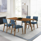 Armen Living Channell Mid Century Modern 5 Piece Walnut Wood Dining Table Set with Blue Fabric