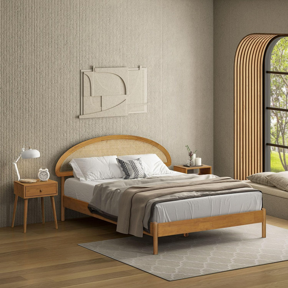 NTC Gem Wooden Bed Frame with Headboard and Natural Rattan, Solid Oak/Rubber ...