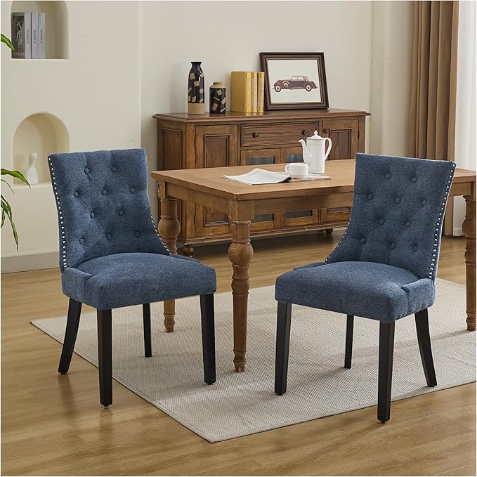 Upholstered Tufted Dining Chairs Set of 2, Fabric Side Dining Room Chairs with Nailhead Back Ring Pull Trim Solid Wood Legs, Dark Blue