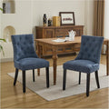 Upholstered Tufted Dining Chairs Set of 2, Fabric Side Dining Room Chairs with Nailhead Back Ring Pull Trim Solid Wood Legs, Dark Blue
