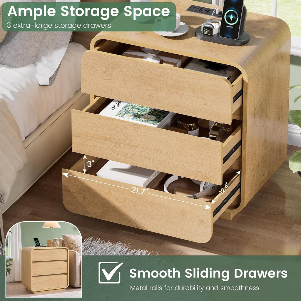 Modern Nightstand Set of 2, 23.2" Large Wood Night Stand with Charging Station & Curved Profile, 3 Storage Drawers Dresser Bedside Table, Mid-Century End Table for Bedroom Sofa, Natural