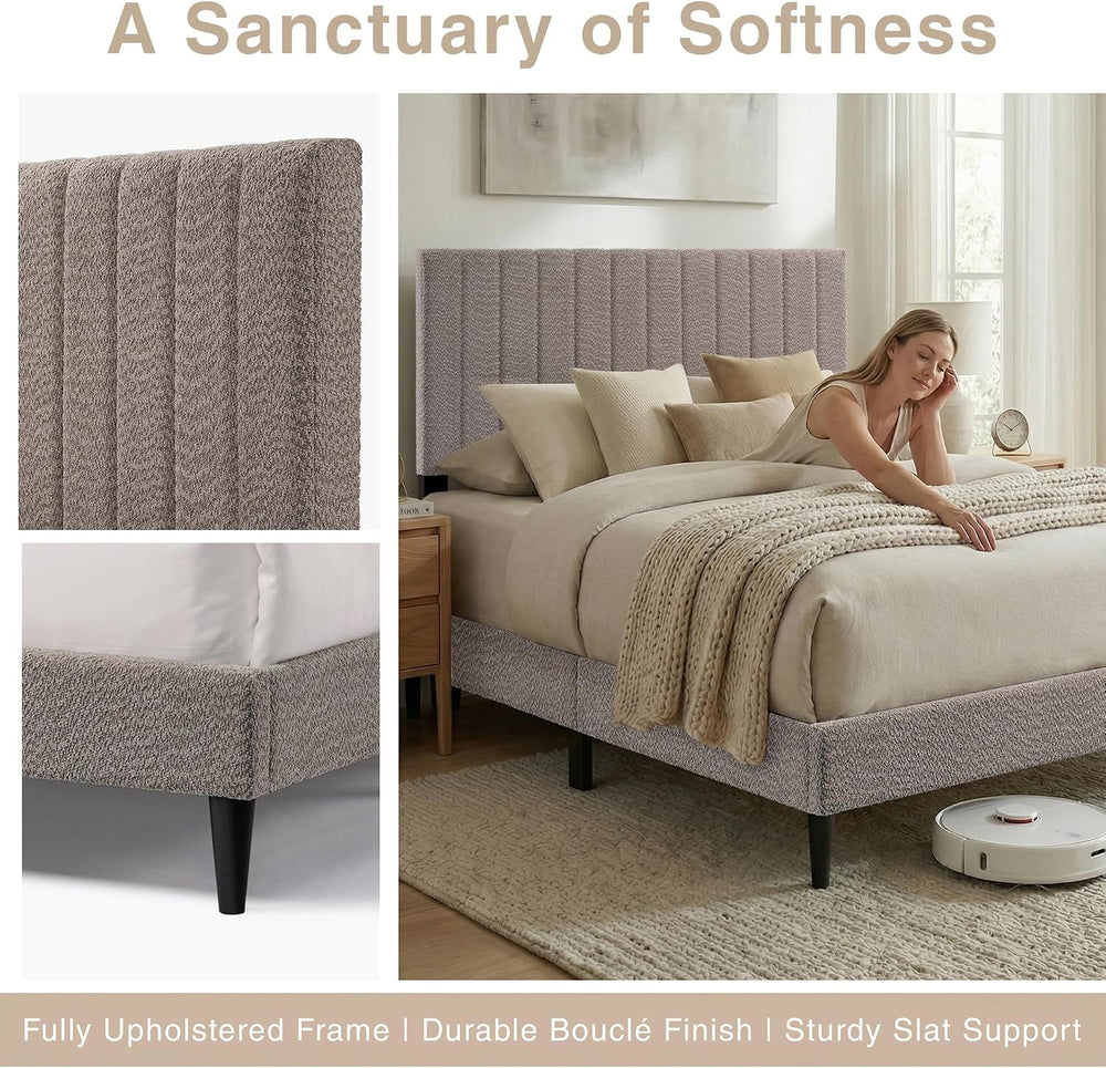 Queen Upholstered Platform Bed Frame, Tufted Channel Headboard, Soft Boucle F...