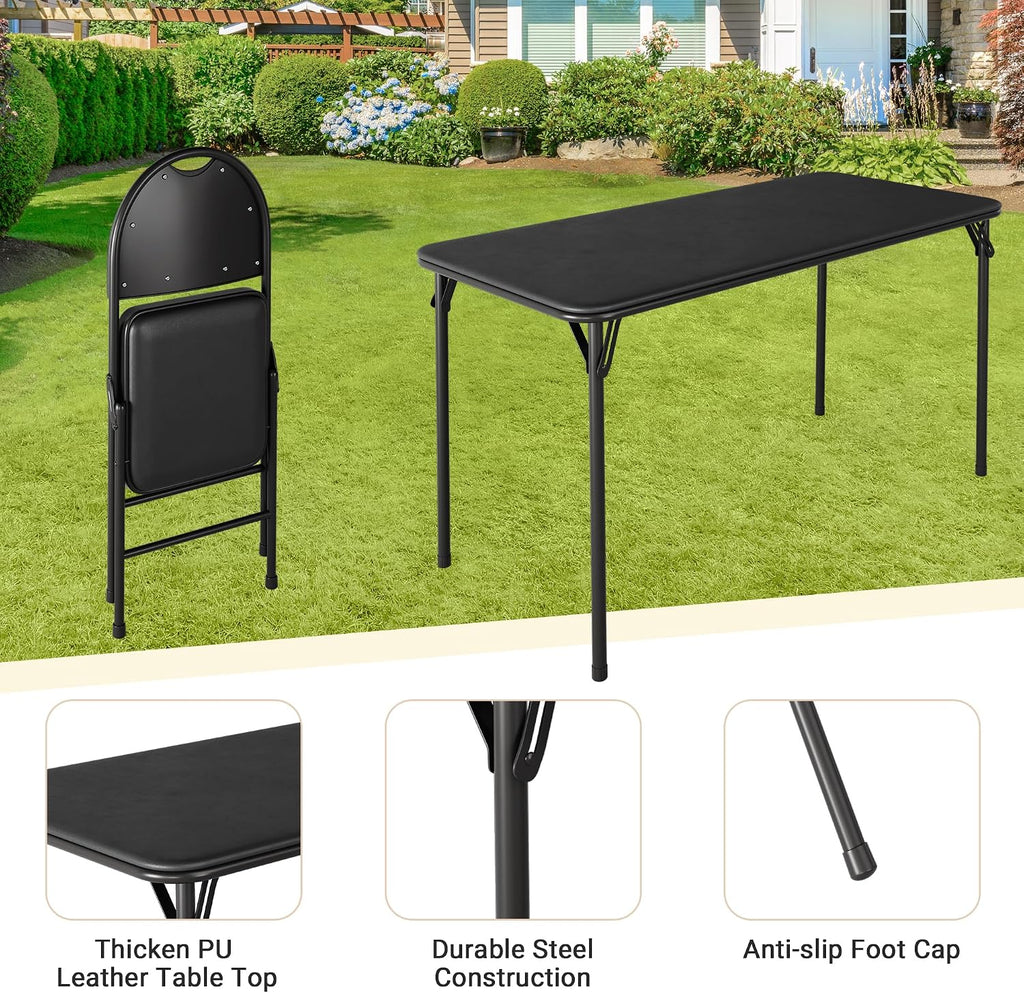 coucheta 5-Piece Rectangle Folding Table and Chairs Set, Foldable Portable Card Table and Chairs, Scratch & Stain Resistant Tabletop, for Dining Room, Living Room, Office, Camping, Gatherings, Black