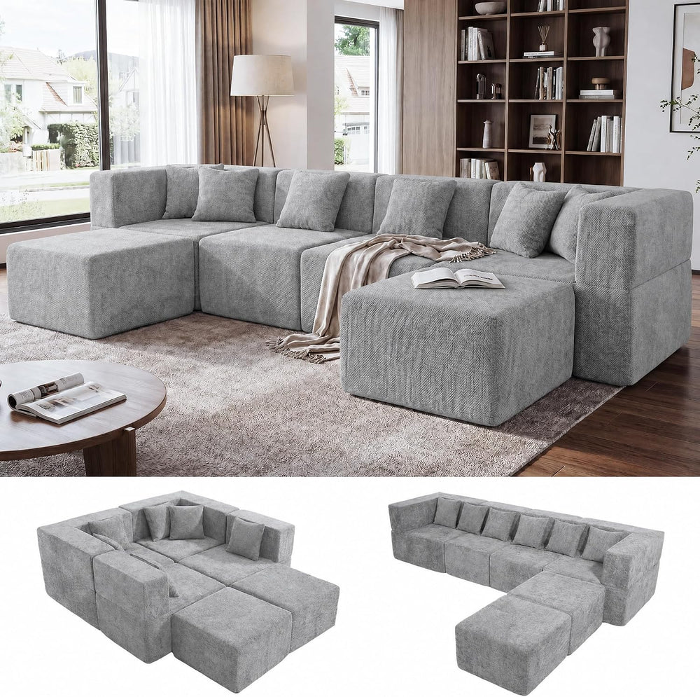 MONVANE U Shaped Sectional Couch Oversized, Chenille, Light Gray | 6-Seat Sec...