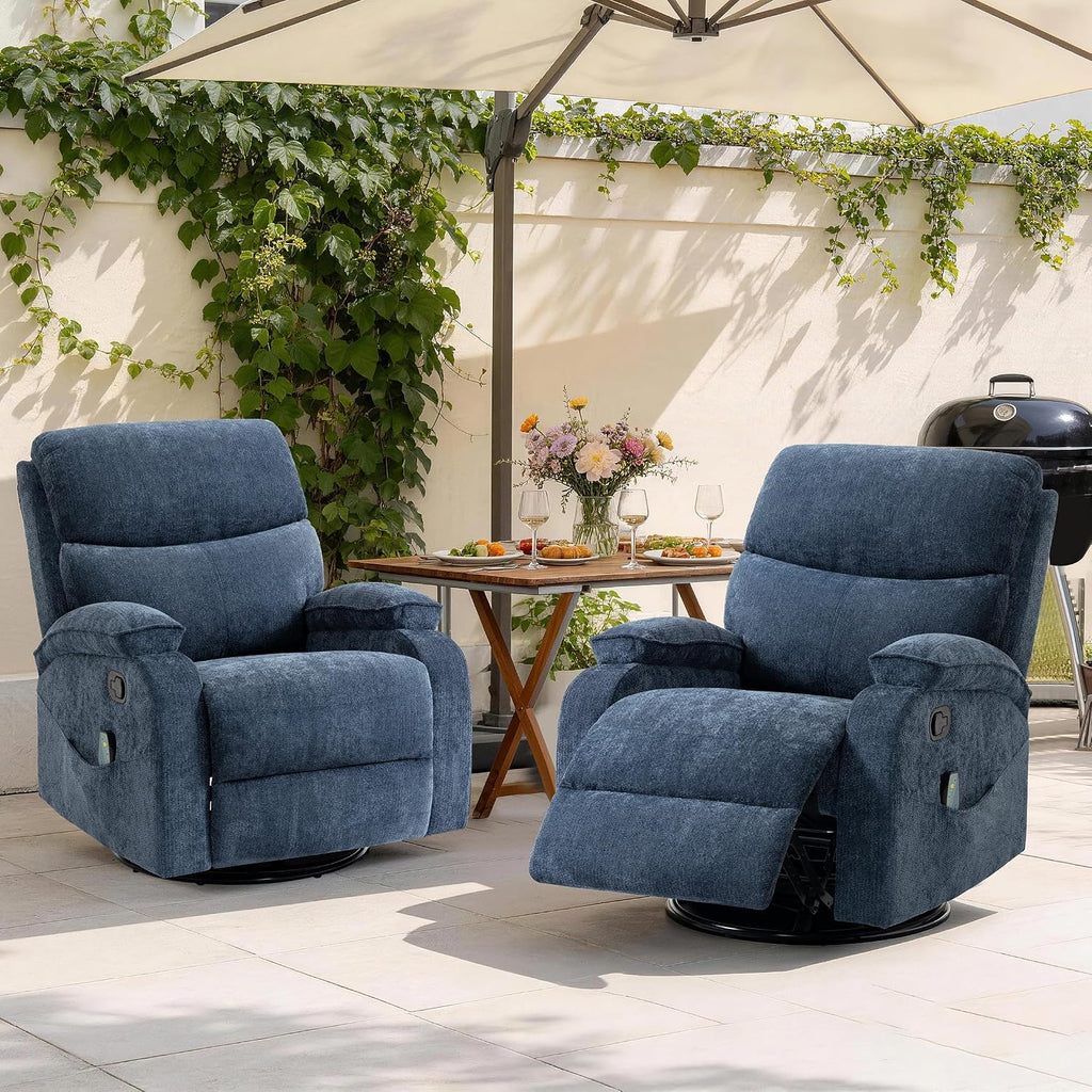 360° Swivel Rocking Recliner Chair, Massage Lazy Recliner, Small Spaces Recliner for Living Room, Bedroom and Nursery, Navy Blue Chenille