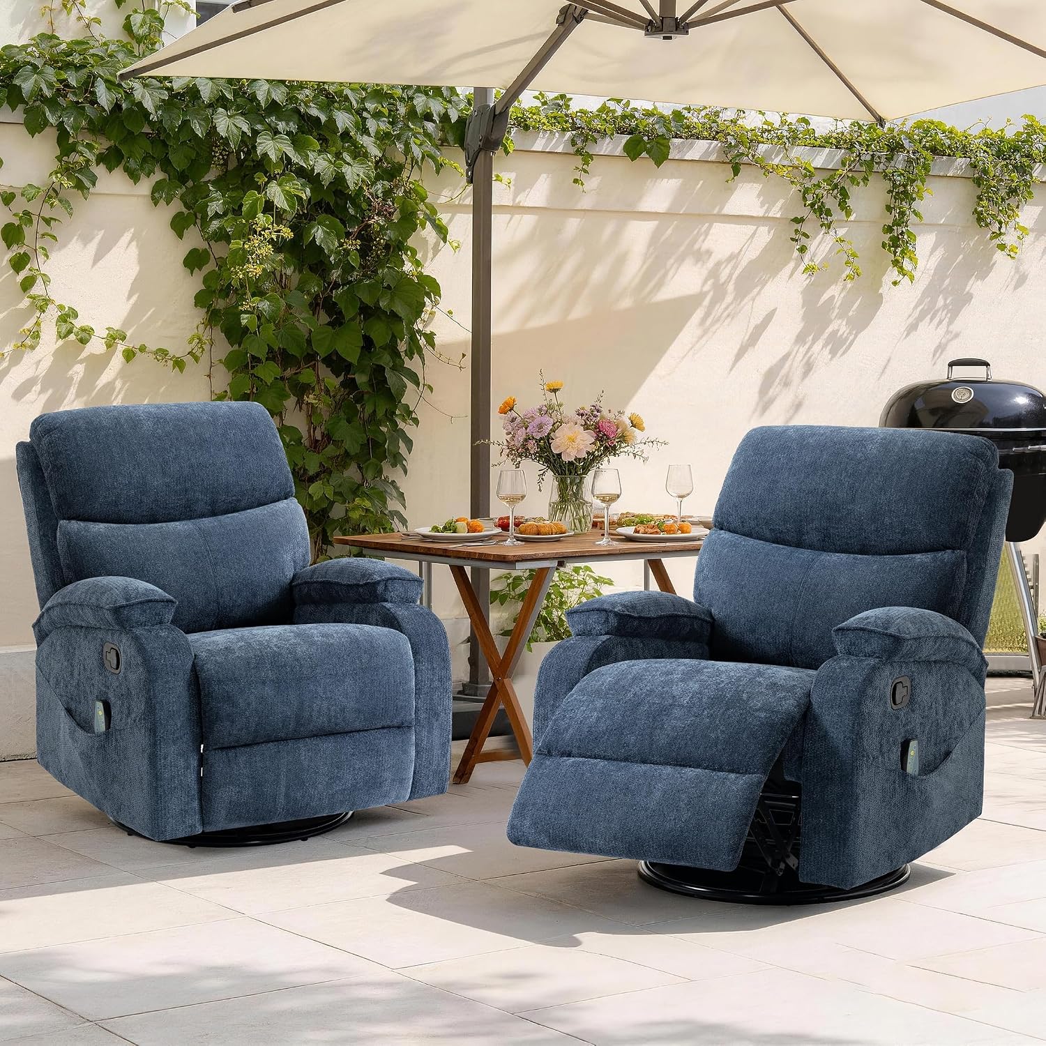 360° Swivel Rocking Recliner Chair, Massage Lazy Recliner, Small Spaces Recliner for Living Room, Bedroom and Nursery, Navy Blue Chenille