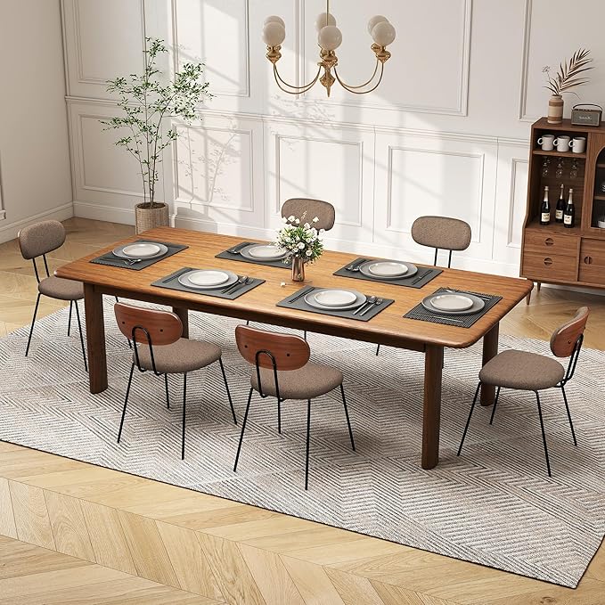 LSSPAID Dining Chairs Set of 6, Linen Fabric Upholstered Dining Room Chairs with Walnut Bentwood Back, Mid-Century Modern Kitchen Chairs with Adjustable Feet Pads, Coffee
