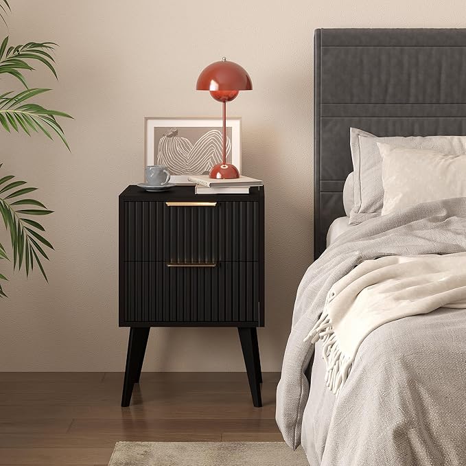 Fluted Nightstand with 2 Drawers,Modern Bedside Table with Metal Handles,Whit...