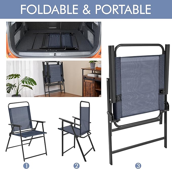 Yaheetech Outdoor Patio Chairs Set of 4, Folding Patio Chairs for Outside with Metal Frame, Armrests, Portable Dining Chairs for Camping, Lawn, Garden and Porch, Navy Blue