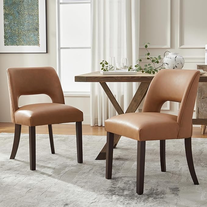 VKNOW Modern Dining Chairs Set of 2, Faux Leather Upholstered Dining Room Chair Kitchen Chairs, Farmhouse Dinner Chair for Kitchen Dining Room, Brown