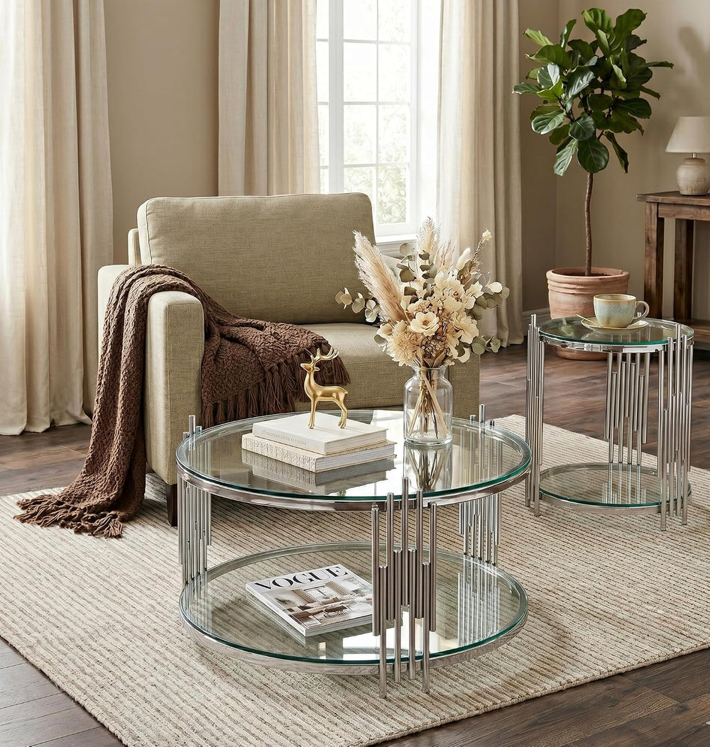 SSLine Round Glass Side Table with Silver Stainless Steel Frame Luxury Circle...
