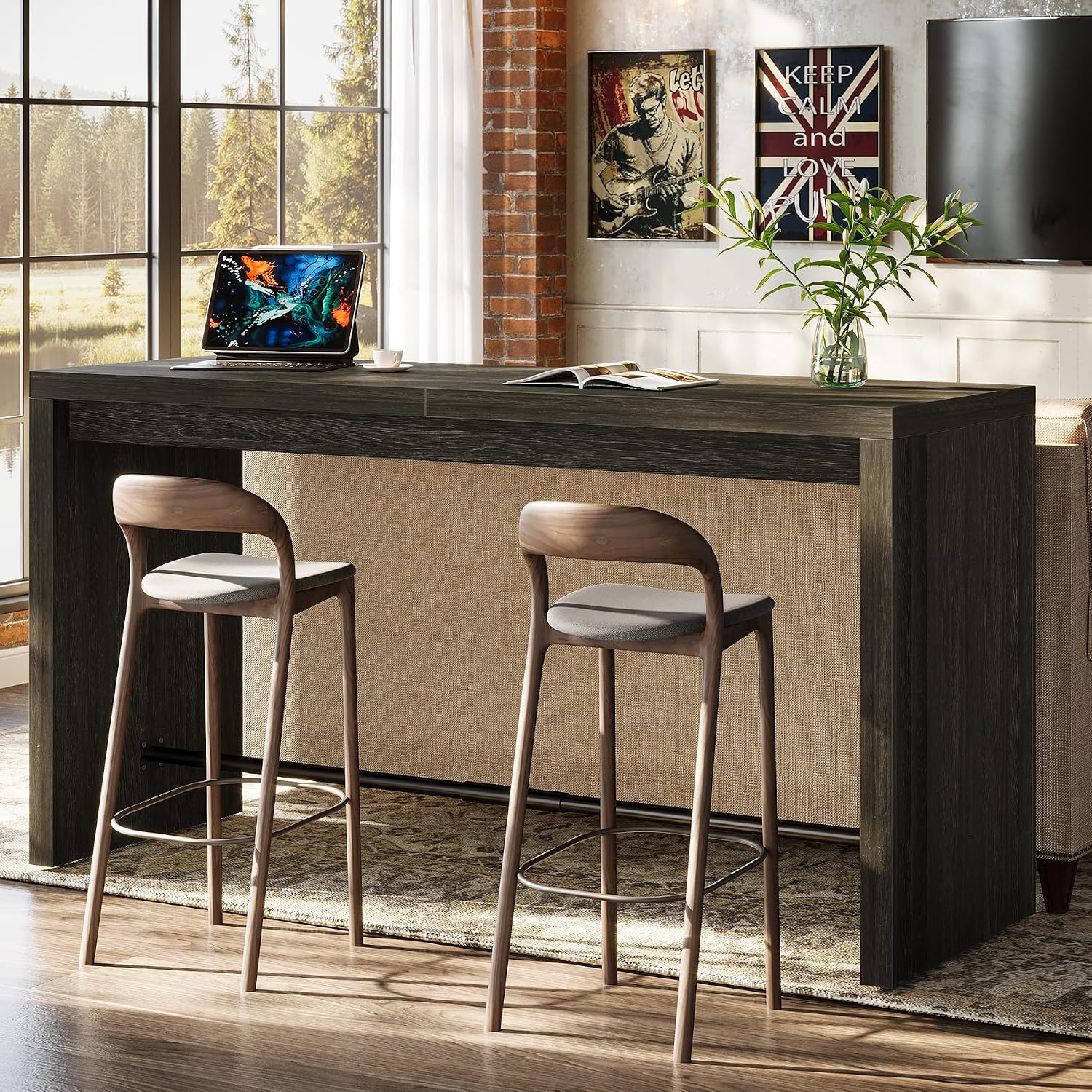 Tribesigns Kitchen Island, 63-Inch Modern Stationary Island Bar Table with Metal Footrest, Rectangular Home Bar Unit for Kitchen, Dining Room, Living Room, Pub, Bistro, Black