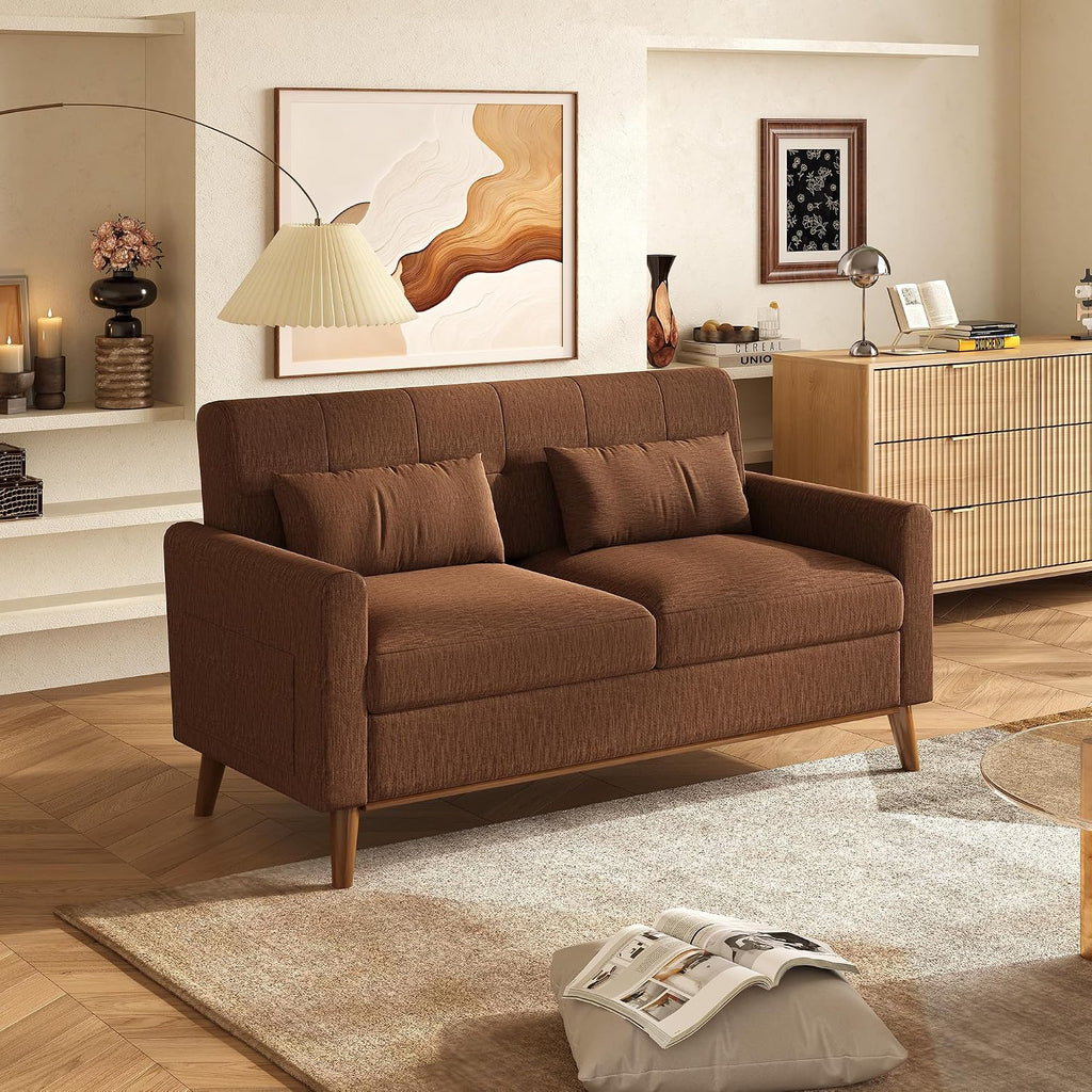 WLIVE 62" Loveseat Sofa, Mid Century Modern Small Couches for Living Room, Button Tufted Upholstered Couch for Bedroom, Solid Wood Frame, Easy to Install Furniture, Brown