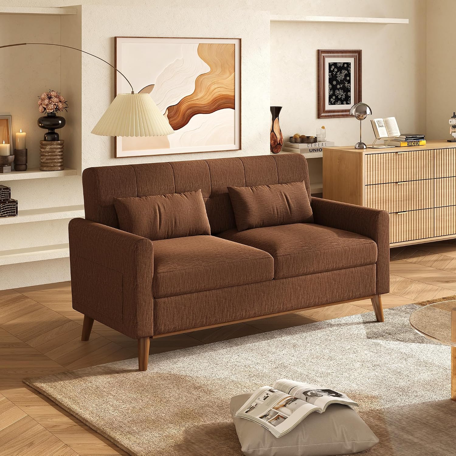 WLIVE 62" Loveseat Sofa, Mid Century Modern Small Couches for Living Room, Button Tufted Upholstered Couch for Bedroom, Solid Wood Frame, Easy to Install Furniture, Brown