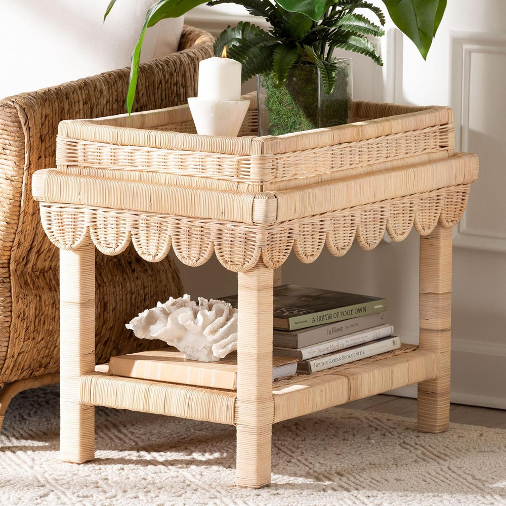 Bali & pari Weyman Scalloped Rattan End Table with Removable Tray Top - H...