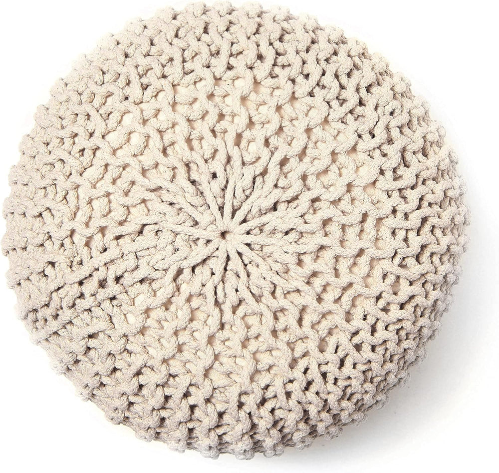 · REDEARTH · Round Pouf Ottoman - Hand Knitted Boho Poof Footrest - Ivory