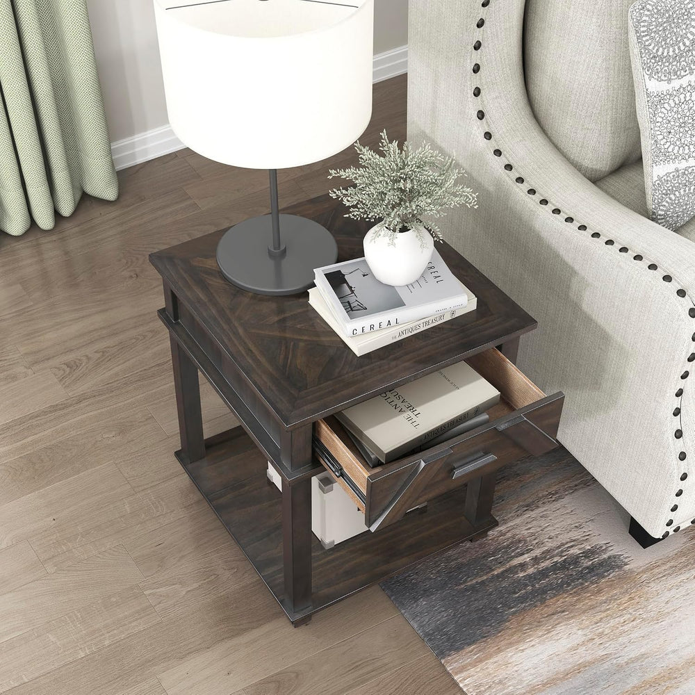 Lexicon Rectangle Wood End Table with Drawer and Lower Open Shelf, Pine Wood ...
