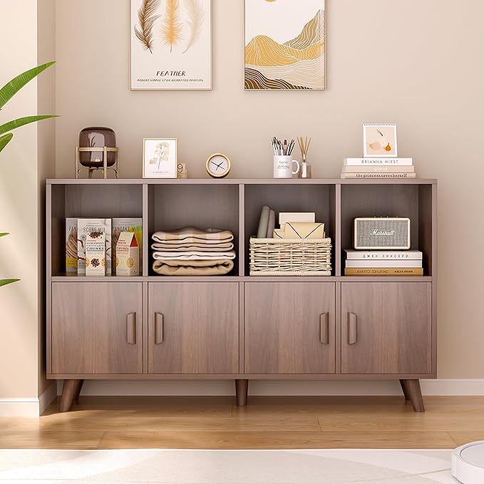 Cubby Shelf Bookcase with Doors - Wooden 8 Cubes Floor Standing Open Bookshel...