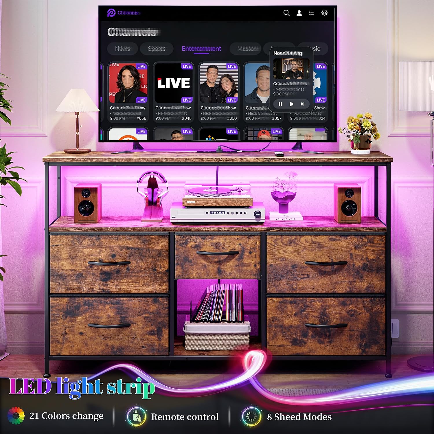 Romorgniz TV Stand for 45/50" TVs, 5 Drawers & LED Lights & Power Outlets | Strong Metal Frame for Stability, Spacious Shelves Display Collections & Keep Organized, Dresser for Bedroom & Studio, Brown