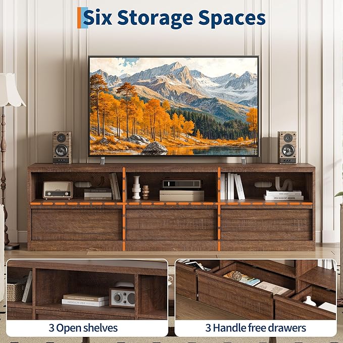 IDEALHOUSE 70 inch TV Stand for 80" TVs, Mid Century Modern Entertainment Center with Storage Drawer & Open Shelves, Wood Media Console Cabinet for Living Room/Bedroom, Vintage