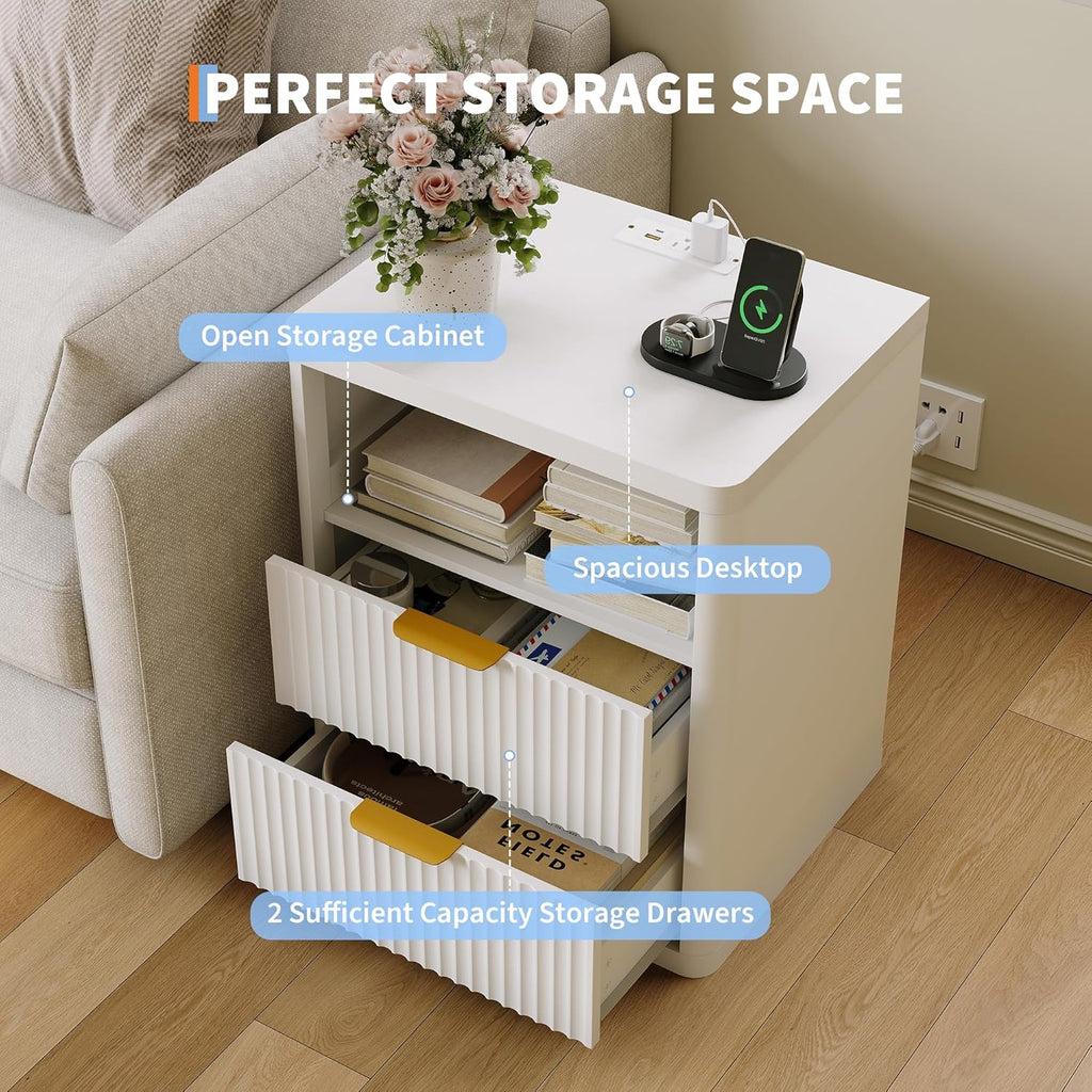 Fluted Nightstand with Charging Station, Bedside Table with 2 Drawers and Open Storage Space, Metal Handles and Rounded Corners for Safety, Mid Century Modern End Table, for Bedroom, Living Room Sofa