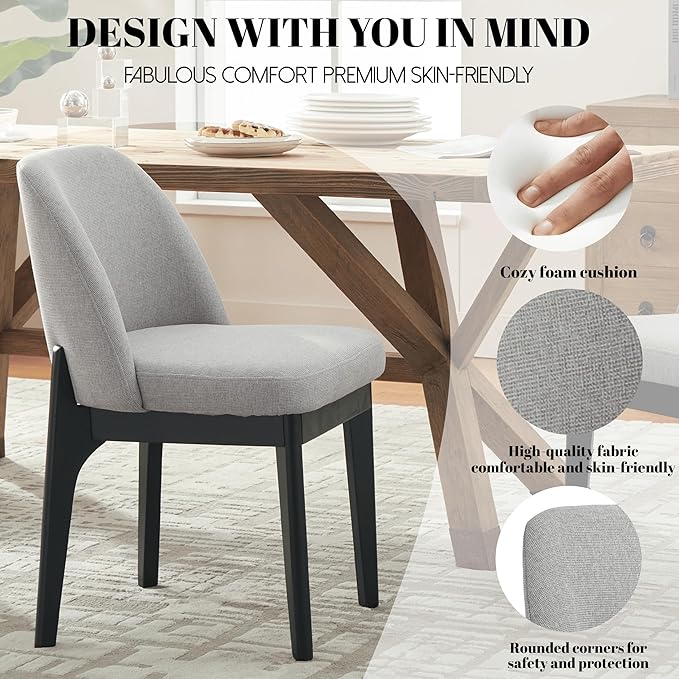 VKNOW Wooden Dining Chairs Set of 6, Upholstered Dining Room Chairs with Rubberwood Legs and Padded Seats, Kitchen Chairs for Restaurant Kitchen Living Room, Grey