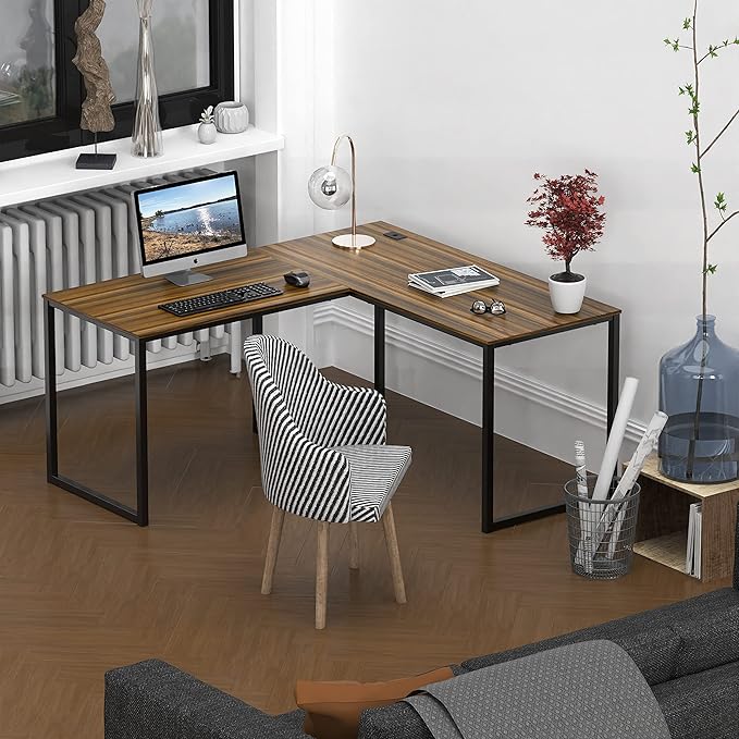 SHW Mission 55 x 60 Inches L-Shape Home Office Computer Desk, Walnut