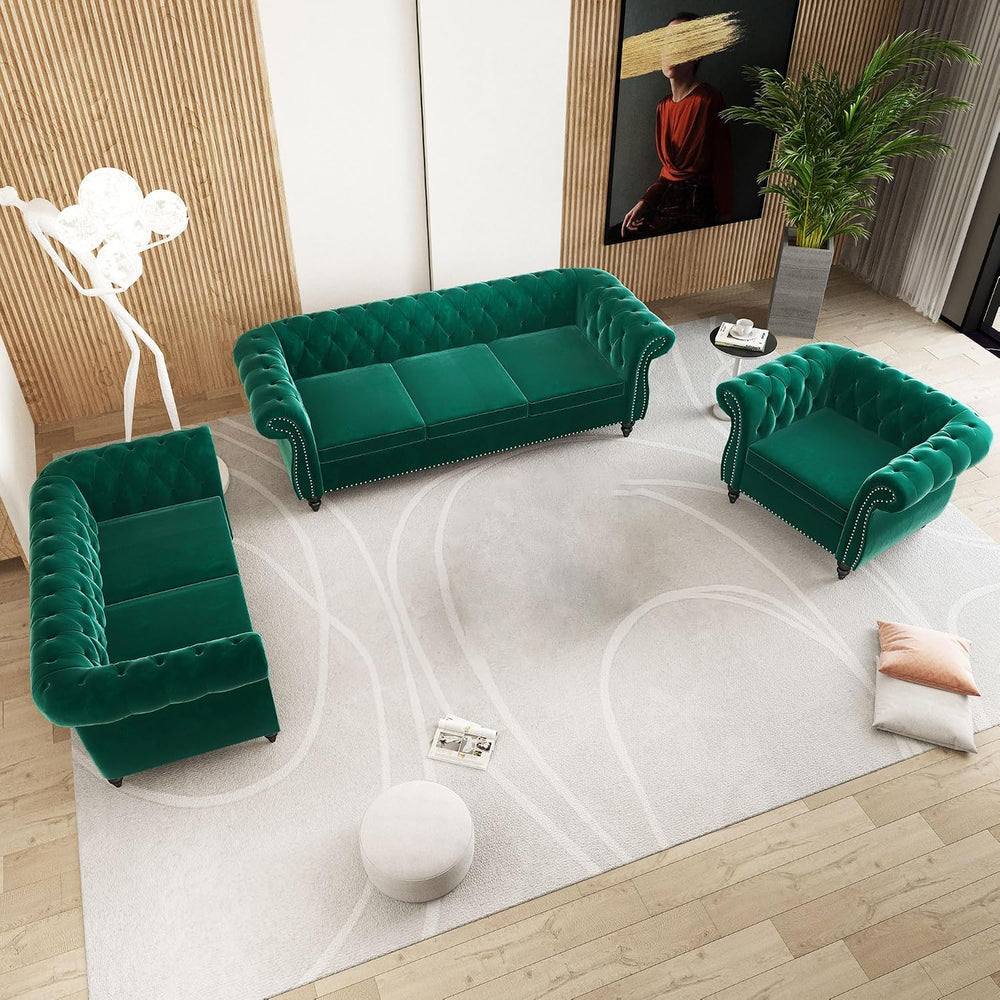 Velvet Sofa Couches Set, 3-Piece Mid Century Modern Upholstered Couch with Cu...