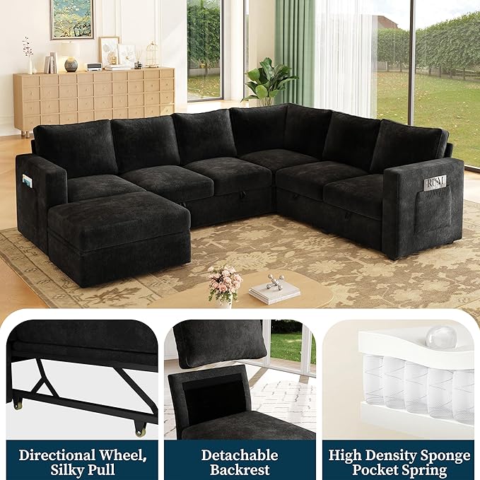106.7" Sectional Sleeper Sofa with Pull Out Couch, Modern 7 Seat U Shaped Modular Couch, Sectionals Modular Sofa with Storage, Comfy Sectional Couches for Living Room & Apartment, Black