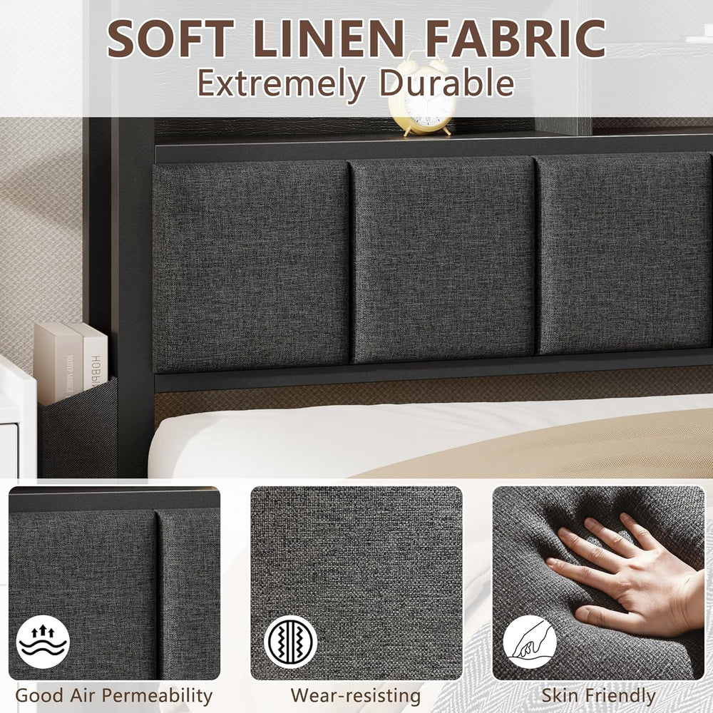 Furnulem Full Size Bed Frame with Headboard, Drawers, Charging Station, LED