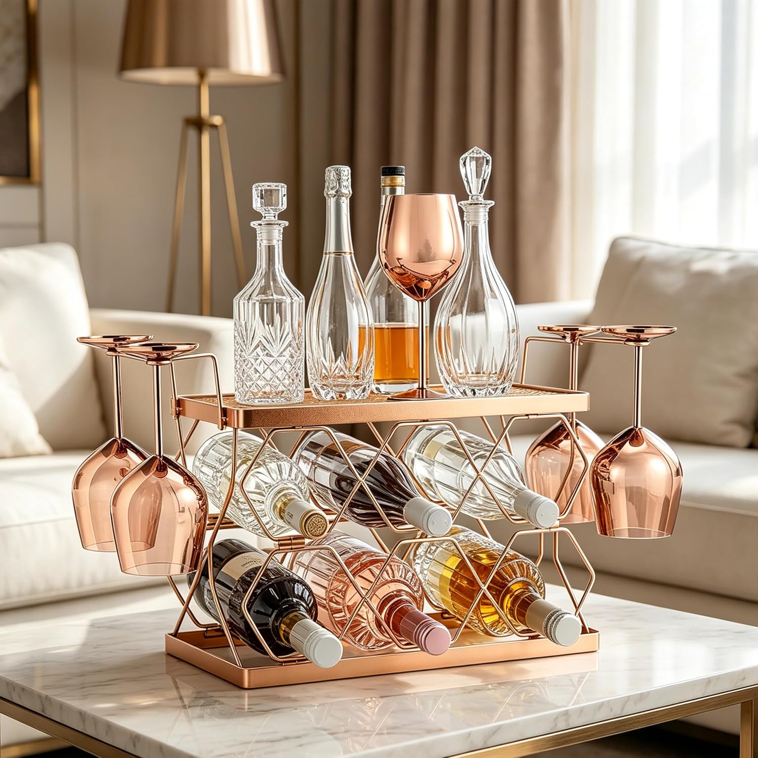 Countertop Wine Rack Organizer - Holds 6 Oversized Bottles & 4 Glasses | Freestanding Small Metal Bottle Holder, Perfect for Home Décor, Kitchen Storage and Cabinet | No Assembly