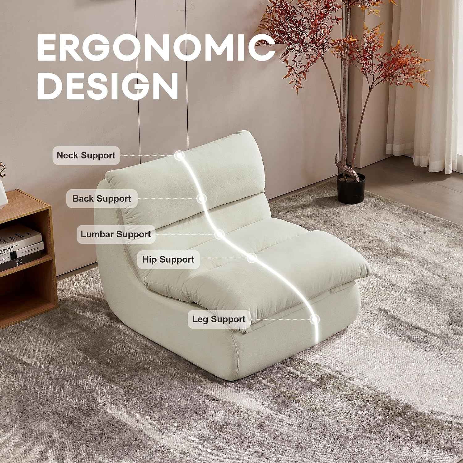 Dineli Bean Bag Chairs for Adults, Beanbag Chair Lounge Sofa Comfy Reading Chair for Bedroom & Living Room, Memory Foam Lazy Floor Couch, White