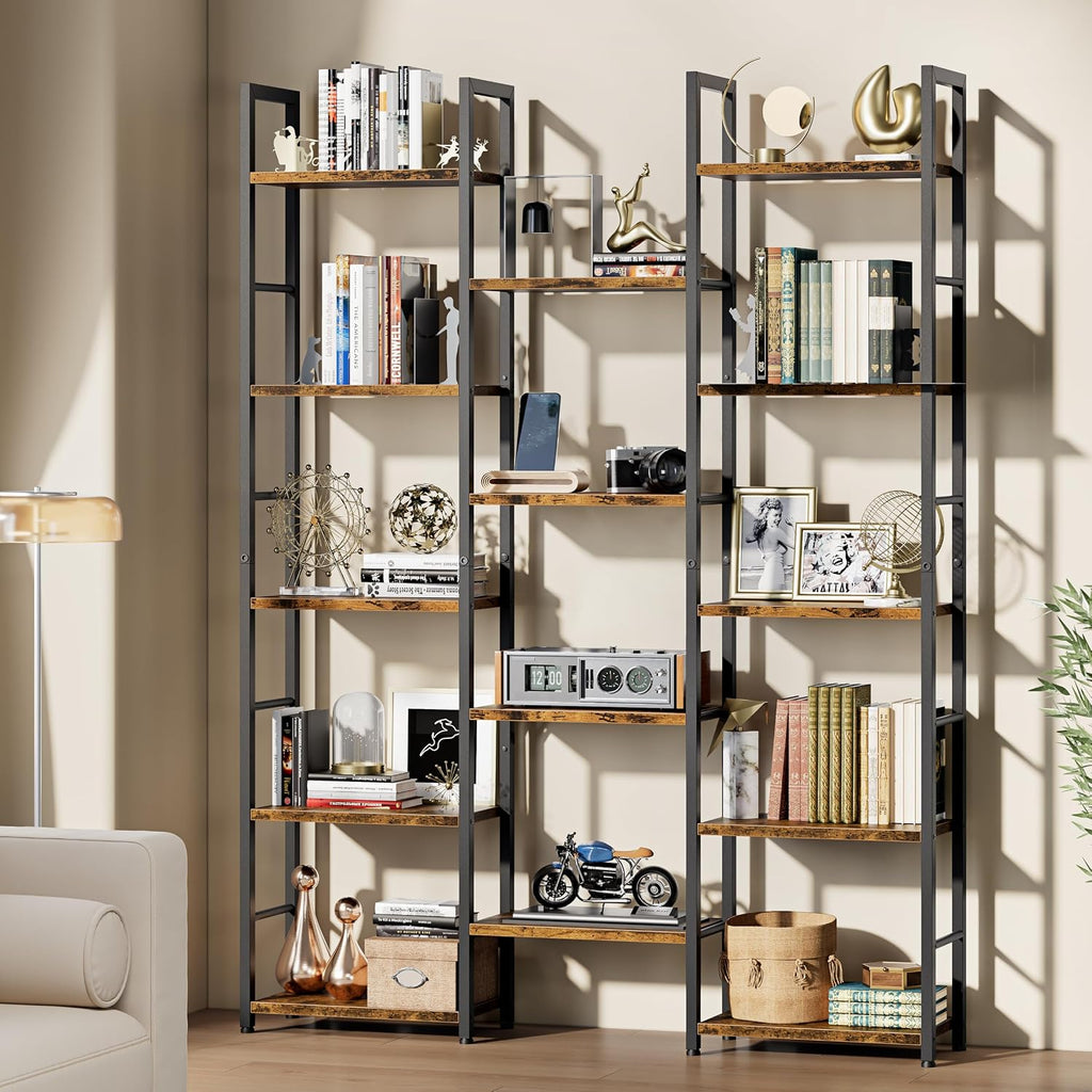 Shintenchi Triple Column 5 Tier Bookshelf, Industrial Large Bookcase Display Shelves, Large Etagere Bookshelf,Wide Book Shelf Book Case for Home & Office, Rustic Brown