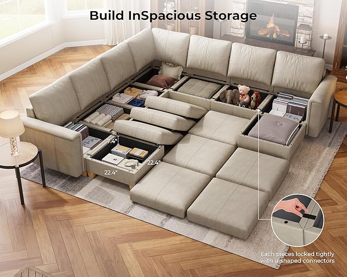 SITJOY 113" Faux Leather Modular Sectional Sofa with Storage, Mid Century Modern Sectional Couches for Living Room, Soft Padded Armrests, 9 Seat V Shaped Sectional Couch with Chaise, Greige