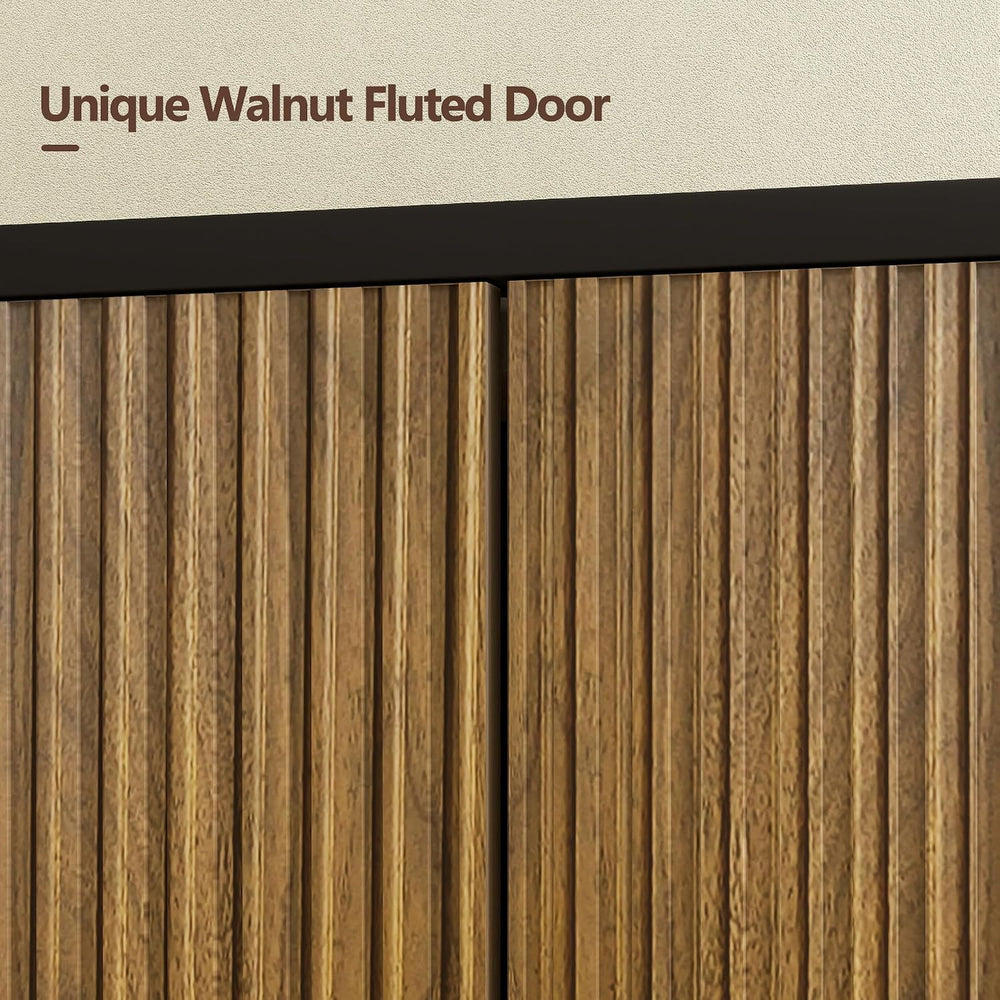 Buffet Cabinet with Storage Walnut Fluted Wooden Accent Sideboard with Pop-Up...