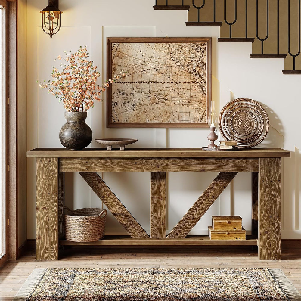 Solid Wood Sofa Table, 70.9 Inches Extra Long Console Table with 2 Tiers Stor...