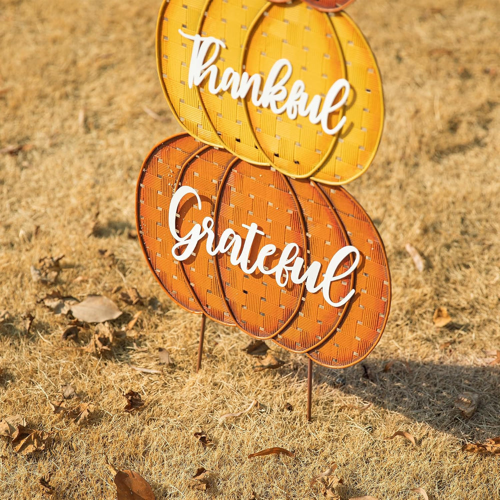 Glitzhome 35.5" H Fall Stacked Pumpkins Yard Stakes,Metal Thanksgiving S...