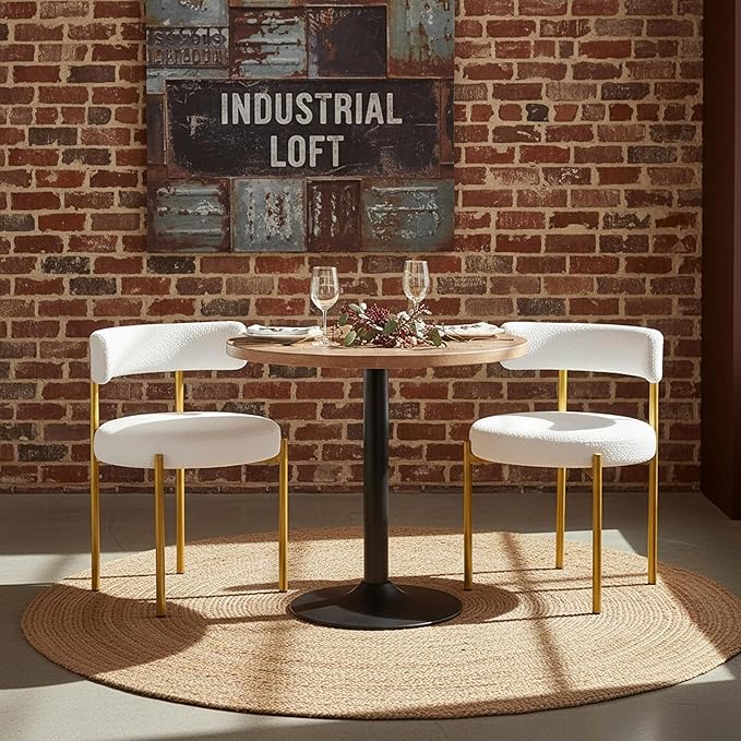 Boucle Dining Chairs Set of 6, White Dining Chairs with Upholstered Seat and Gold Legs, Mid-Century Modern Kitchen Chairs for Dining Room, Restaurant