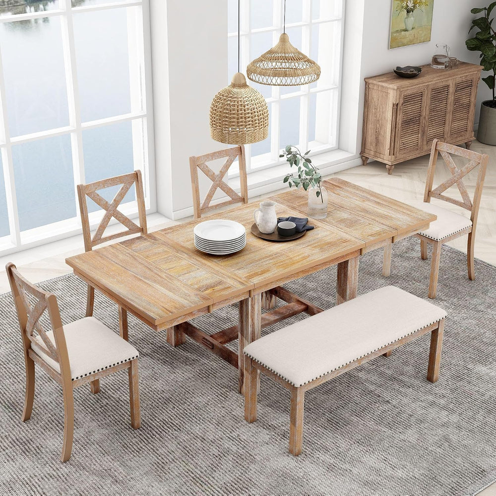 Merax 6-Piece Farmhouse Dining Table with Upholstered Chairs and Bench, Exten...