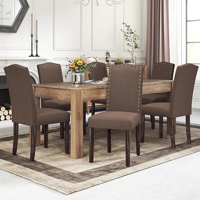 LSSBOUGHT Fabric Dining Chair Upholstered Parsons Kitchen Chair with Copper Nails and Solid Wood Legs for Dining Room,Restaurant (Taupe, 4PCS)