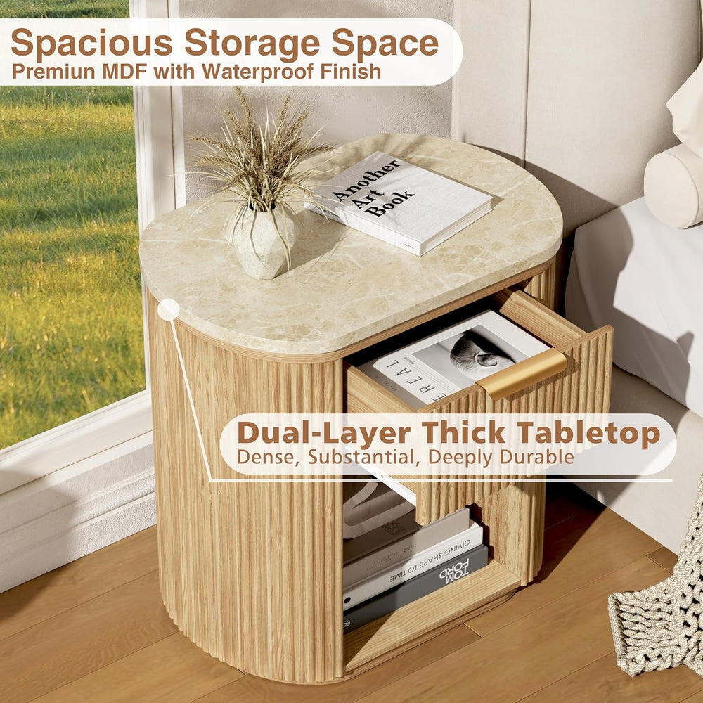 Fluted Marble Nightstand Set of 2 23.6"Large Round Bedside Table Oak,Boho