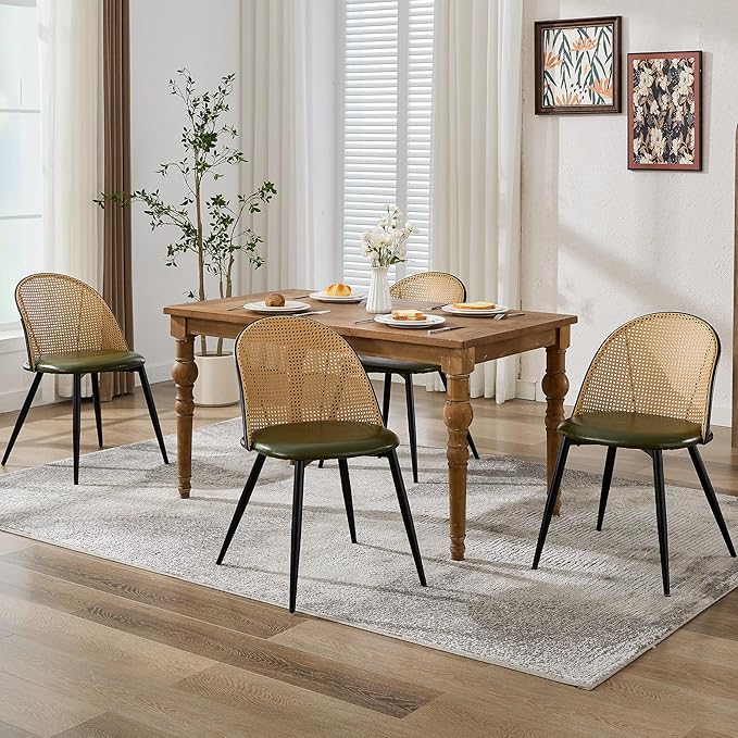 TYBOATLE Green Rattan Dinner Chairs Set of 4 with Faux Leather Cushion, Modern Dining Room Chairs w/Adjustable Foot Pads, Kitchen Boho Mid Century Upholstered