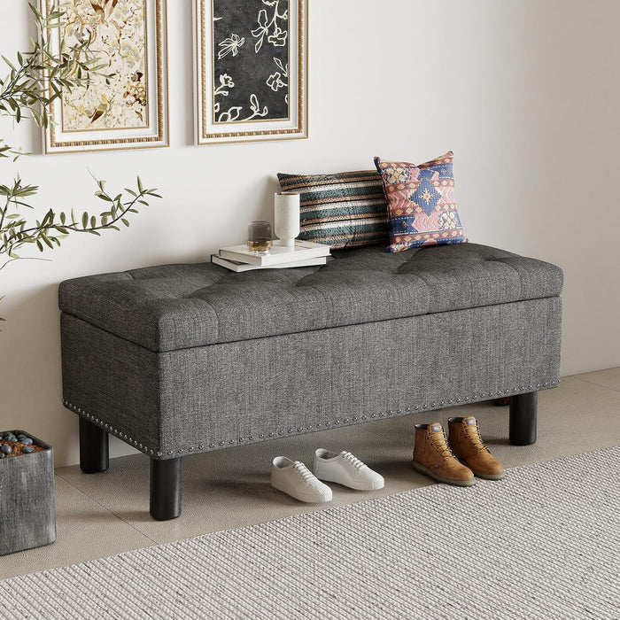 Furniliving 42" Ottoman with Storage, End of Bed Bench with Button-Tufted Large Upholstered Ottoman Entryway Bench Storage Bench for Bedroom, Living Room, Linen, Grey