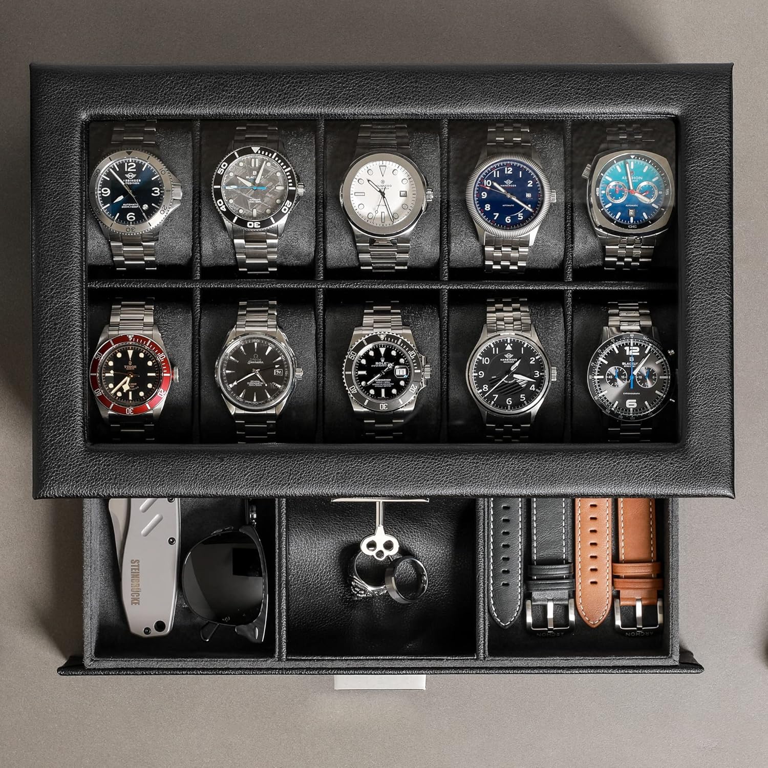 ROTHWELL 10-Slot Watch Box in Leather with Valet Drawer, Luxury Watch Case Display Organizer with Ultra Soft Microsuede Liner, Jewelry and Sunglass Holder With Large Glass top (Black/Grey)