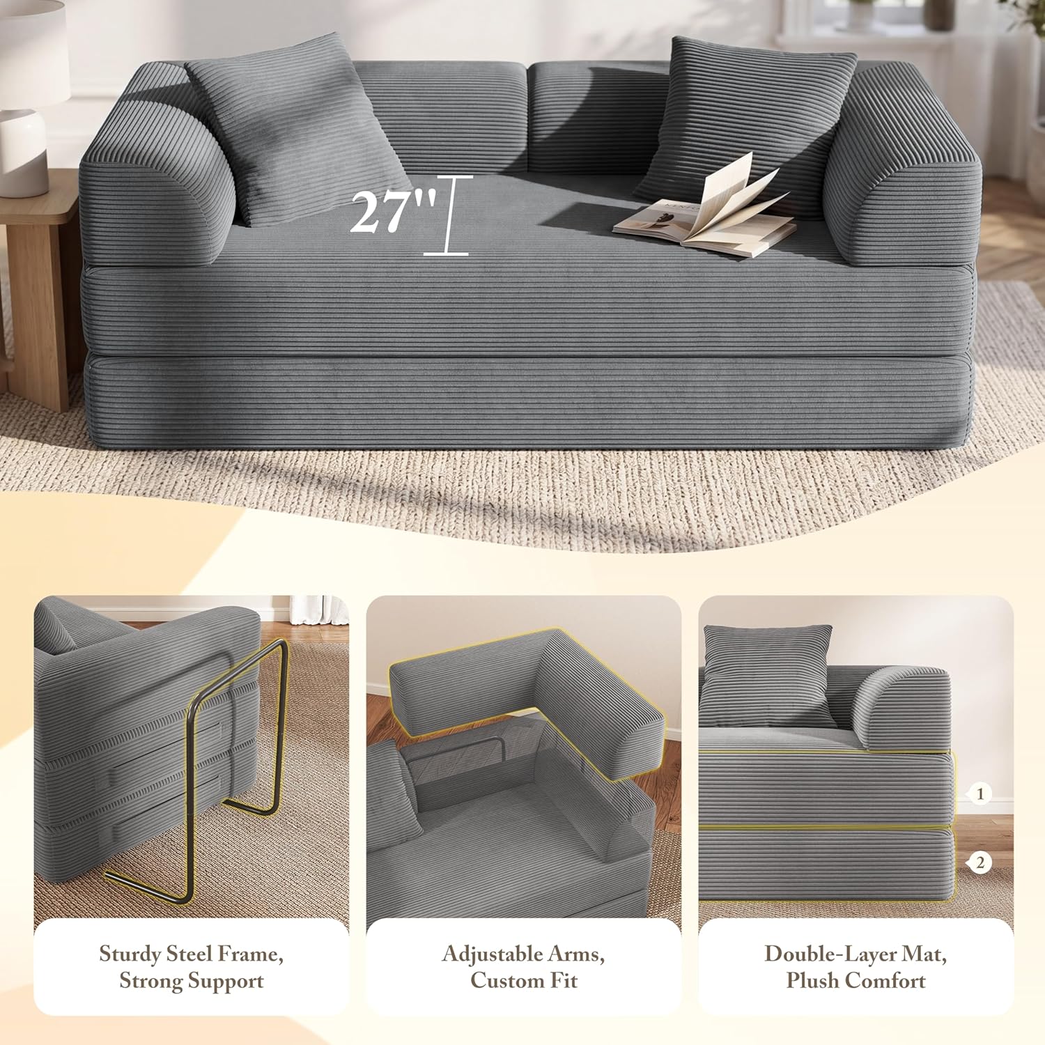 Cloud Boneless Couch Futon Sofa Bed, 5-in-1 Convertible Sofa Bed Pull Out Couch Sleeper Sofa Compressed Loveseat, 70" High-Density Sponge & Corduroy Fabric Futon Daybed for Living Room Bedroom (Gray) | 5-in-1 Convertible